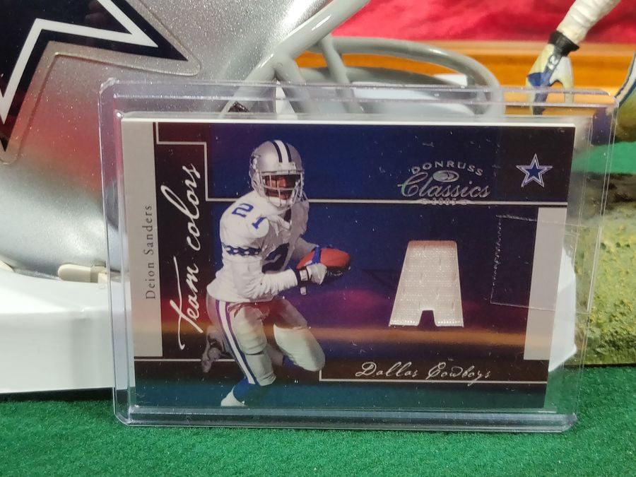 Deion Sanders Cowboys Autographed Mini Helmet Shadowbox w/ Jersey Card + Figure