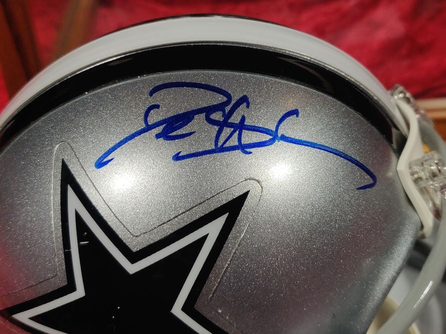 Deion Sanders Cowboys Autographed Mini Helmet Shadowbox w/ Jersey Card + Figure