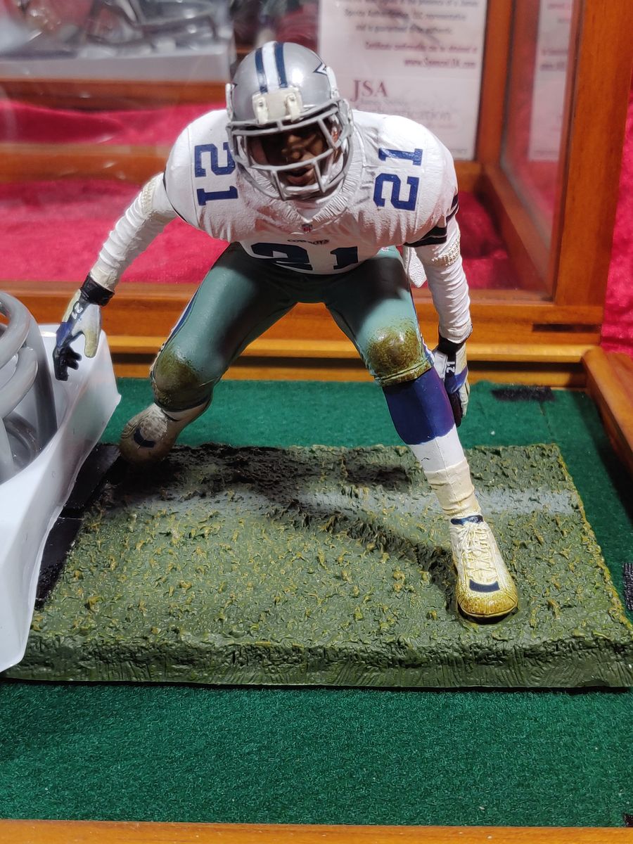 Deion Sanders Cowboys Autographed Mini Helmet Shadowbox w/ Jersey Card + Figure