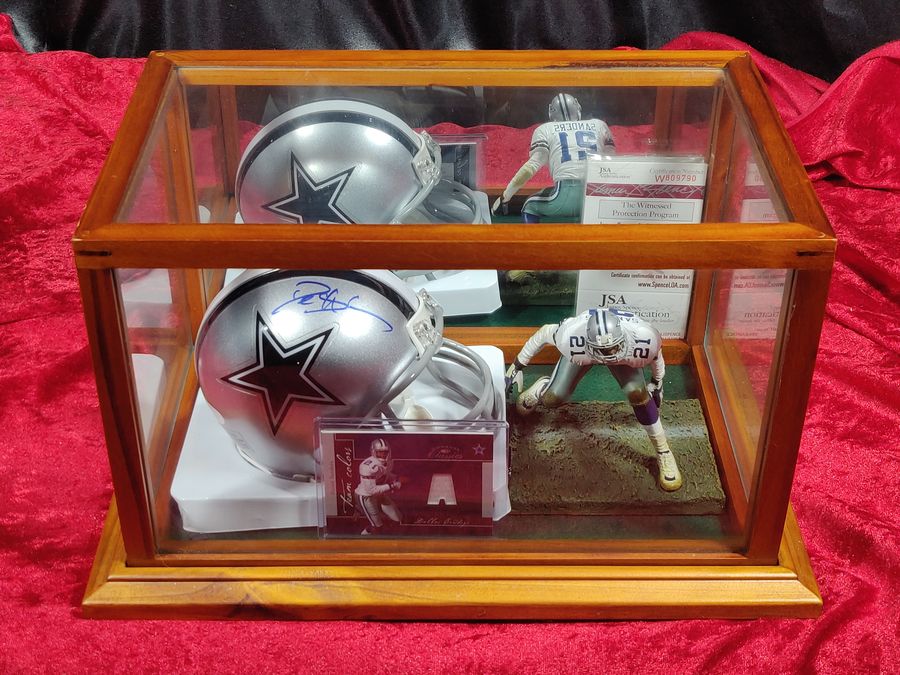 Deion Sanders Cowboys Autographed Mini Helmet Shadowbox w/ Jersey Card + Figure