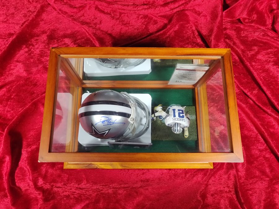 Deion Sanders Cowboys Autographed Mini Helmet Shadowbox w/ Jersey Card + Figure