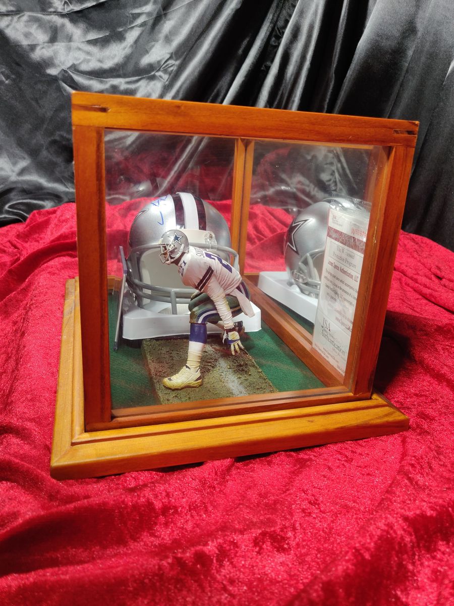 Deion Sanders Cowboys Autographed Mini Helmet Shadowbox w/ Jersey Card + Figure