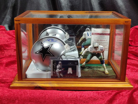 Deion Sanders Cowboys Autographed Mini Helmet Shadowbox w/ Jersey Card + Figure
