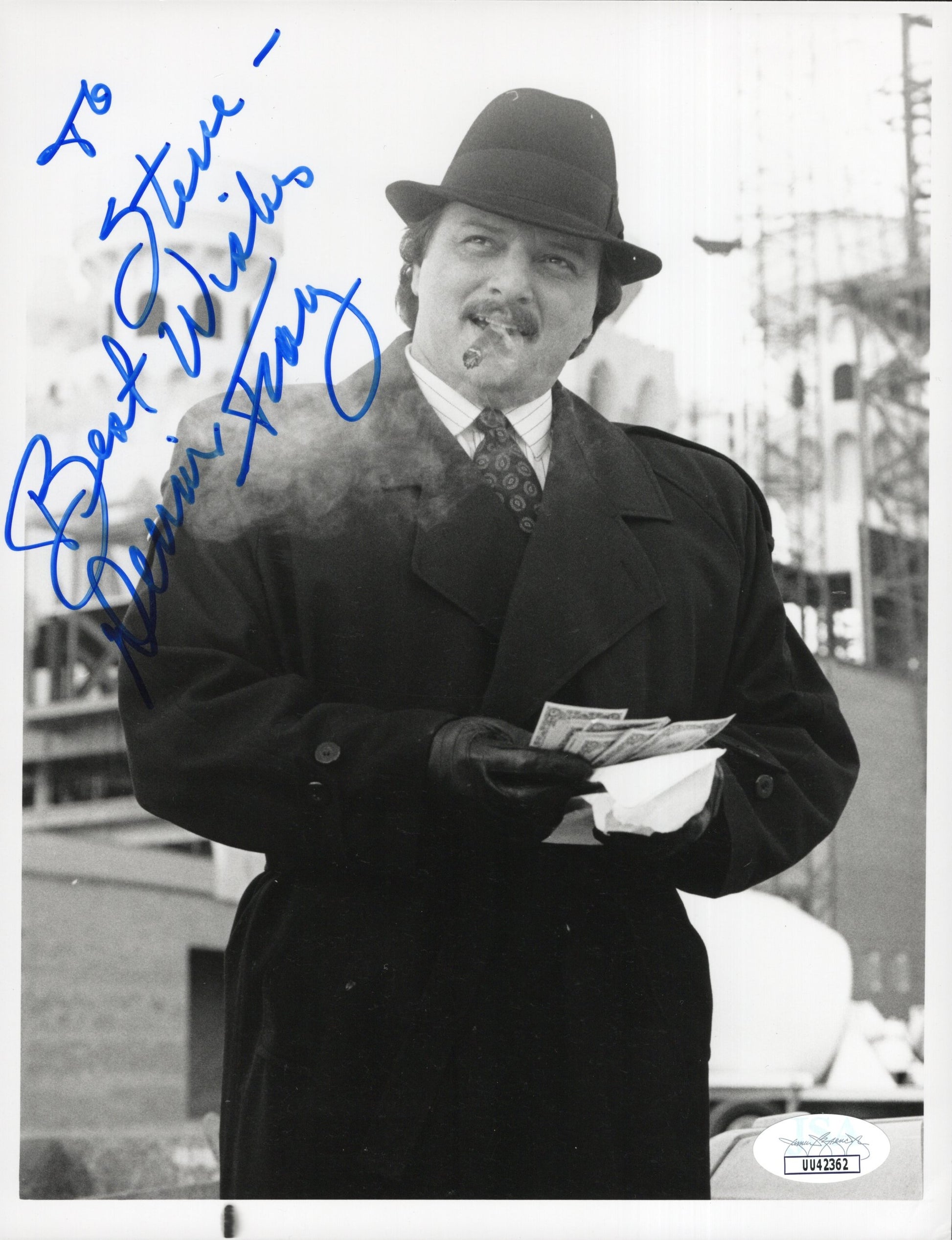 Dennis Franz Signed Photo 9x7 B&W Personalized "To Steve - Best Wishes", NYPD Blue Dennis Franz Autograph in Overcoat with Cigar Counting Money, JSA and PSA Letter Double Certified Authentic UU42362