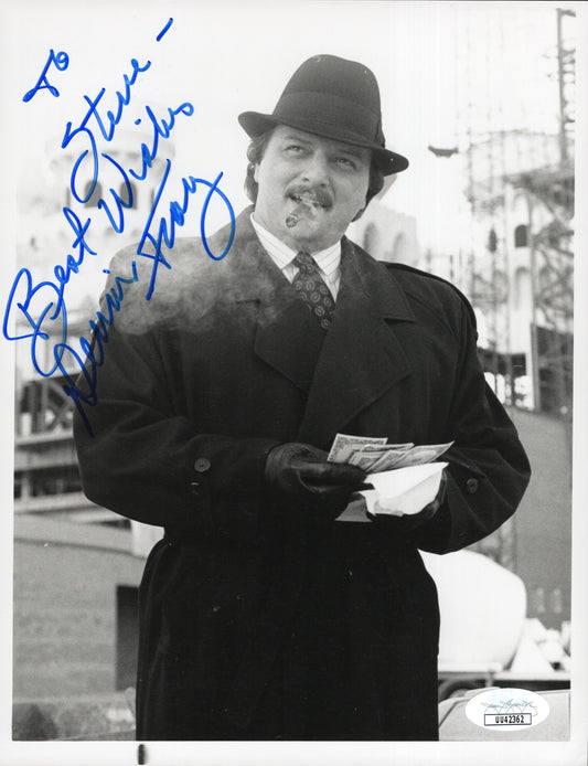 Dennis Franz Signed Photo 9x7 B&W Personalized "To Steve - Best Wishes", NYPD Blue Dennis Franz Autograph in Overcoat with Cigar Counting Money, JSA and PSA Letter Double Certified Authentic UU42362
