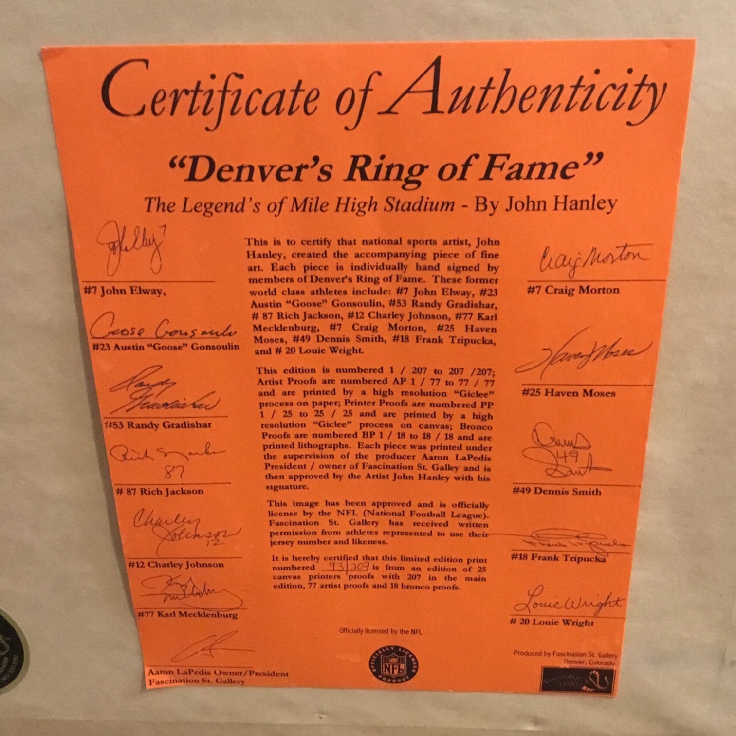 “Denver’s Ring of Fame” Autographed Limited Edition Print – Signed by John Elway & Broncos Legends (#92/207)