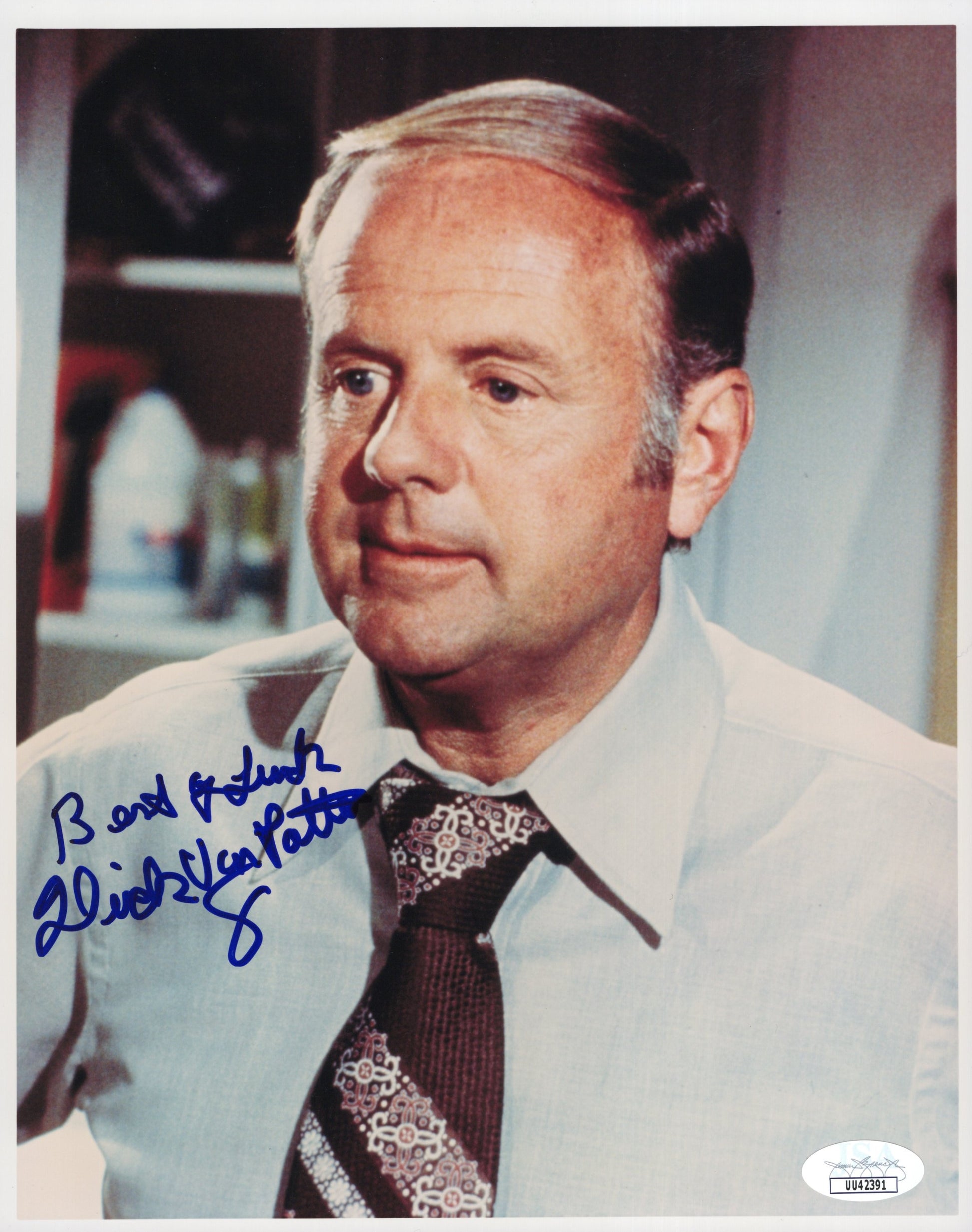 Dick Van Patten Signed Photo 8x10 Personalized "Best of Luck", Dick Van Patten Autograph in White Shirt and Tie, JSA and PSA Letter Double Certified Authentic UU42391