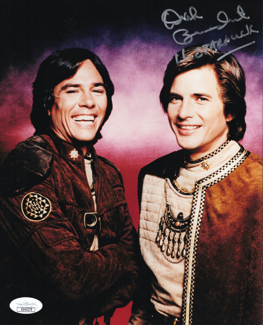 Dirk Benedict in Battlestar Galactica Signed Photo 8x10 with Richard Hatch, JSA and PSA Letter Double Certified Authentic UU42175