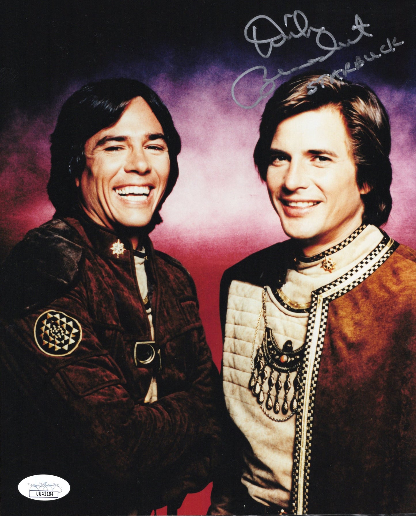 Dirk Benedict on Battlestar Galactica Signed Photo with Richard Hatch 8x10, Personalized "Starbuck" JSA and PSA Letter Double Certified Authentic UU42194