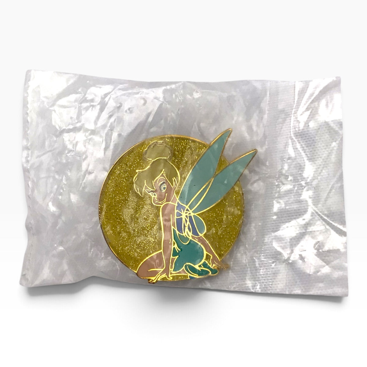 Disney Tinker Bell Round Gold Glitter Pin – New Sealed