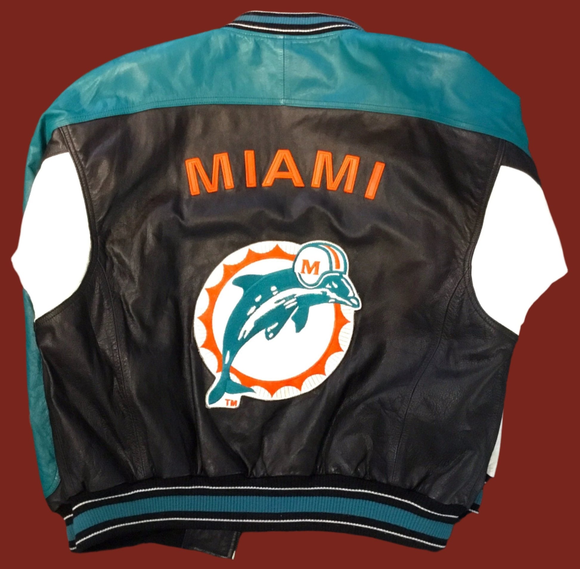 Dolphins Men's Jacket LG Leather Carl Banks NFL Varsity Quarterback Club