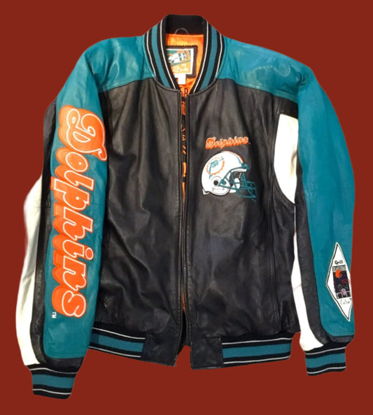 Dolphins Men's Jacket LG Leather Carl Banks NFL Varsity Quarterback Club