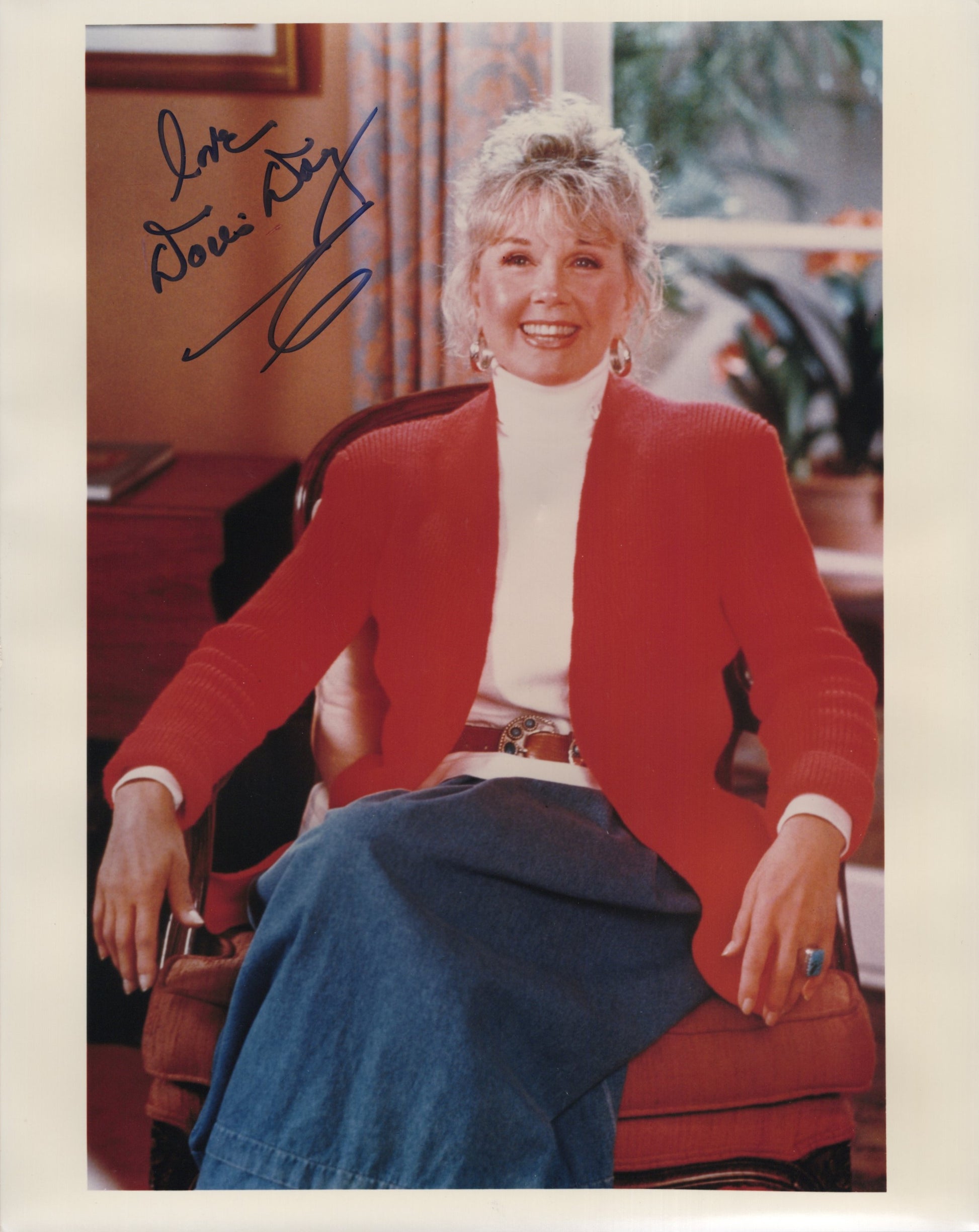 Doris Day Signed Photo 8x10 Personalized "Love", Doris Day Autograph, Seated in Red Sweater and Blue Skirt