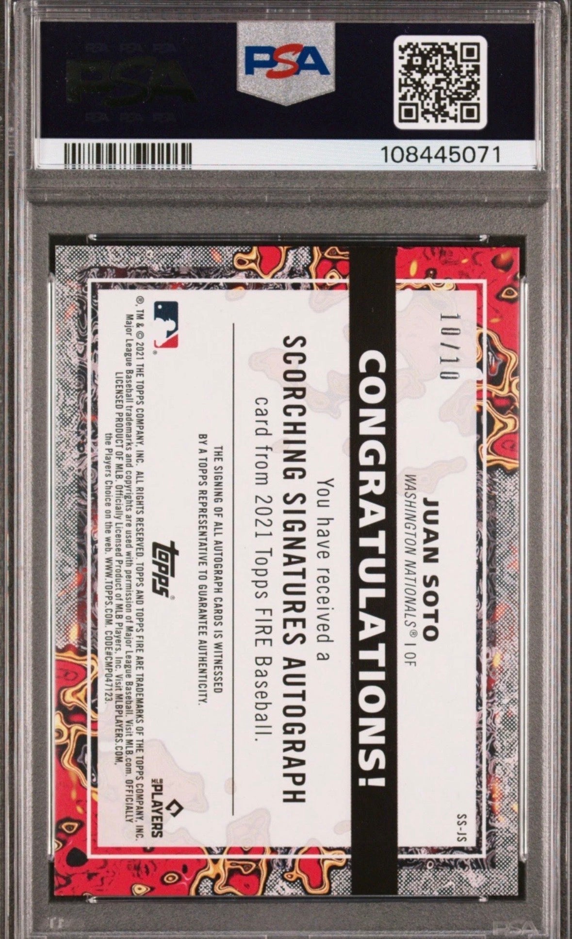 2021 Topps Fire Scorching 10/10 Signatures Gold Juan Soto PSA Auth Auto 9 - 108445071