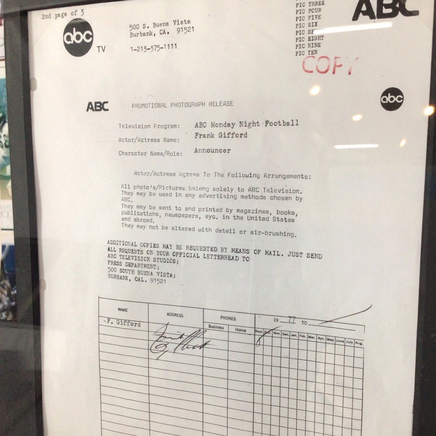 ABC Monday Night Football Framed Display - Broadcasters Don Meredith, Frank Gifford, & Howard Cosell