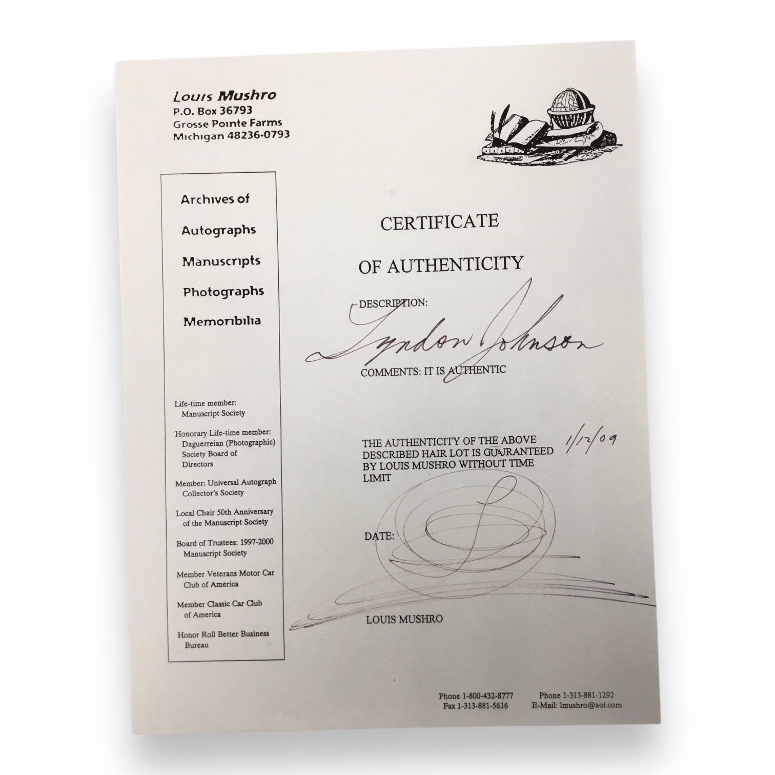 Lyndon B. Johnson Hair Clipping with COA