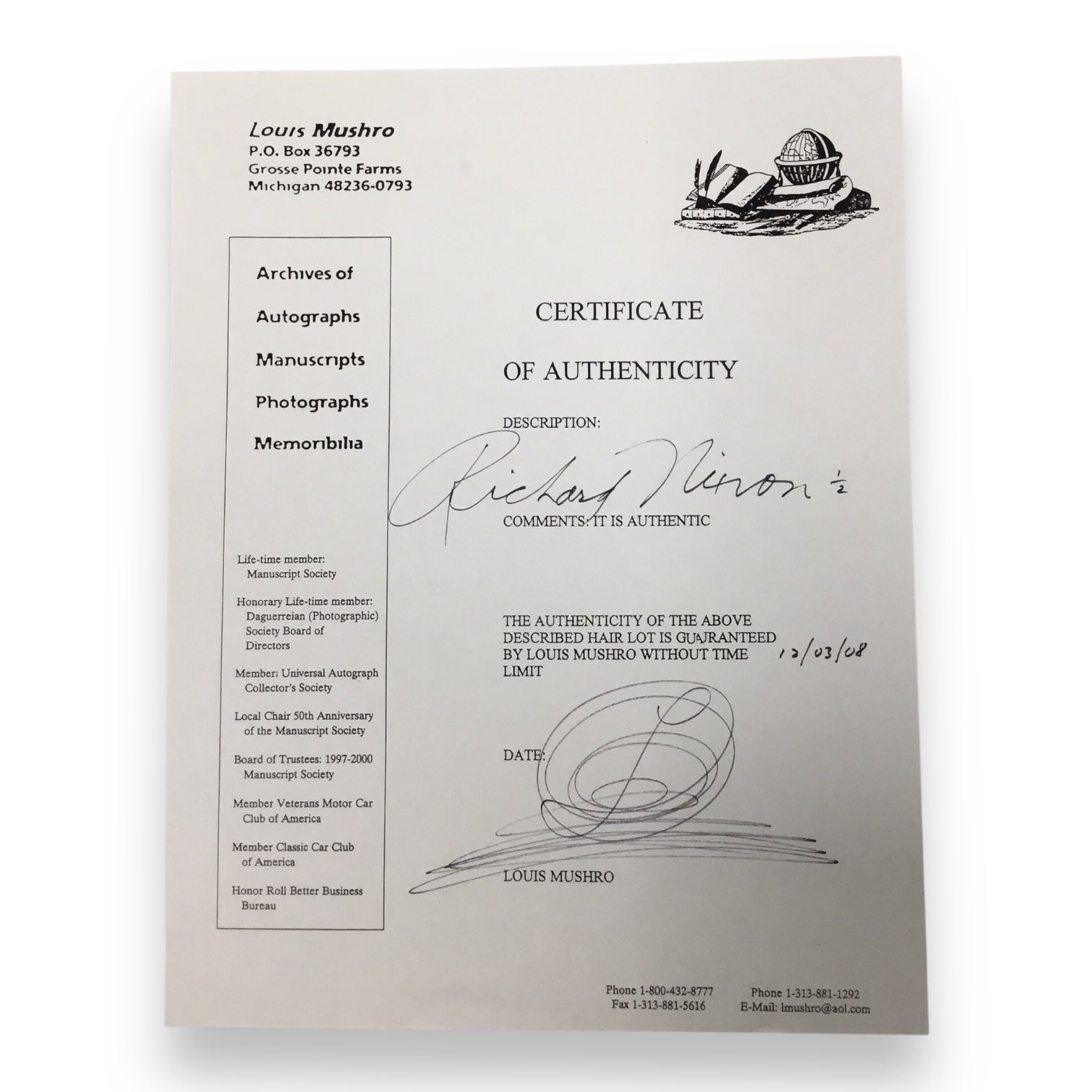 Richard Nixon Hair Clipping with COA