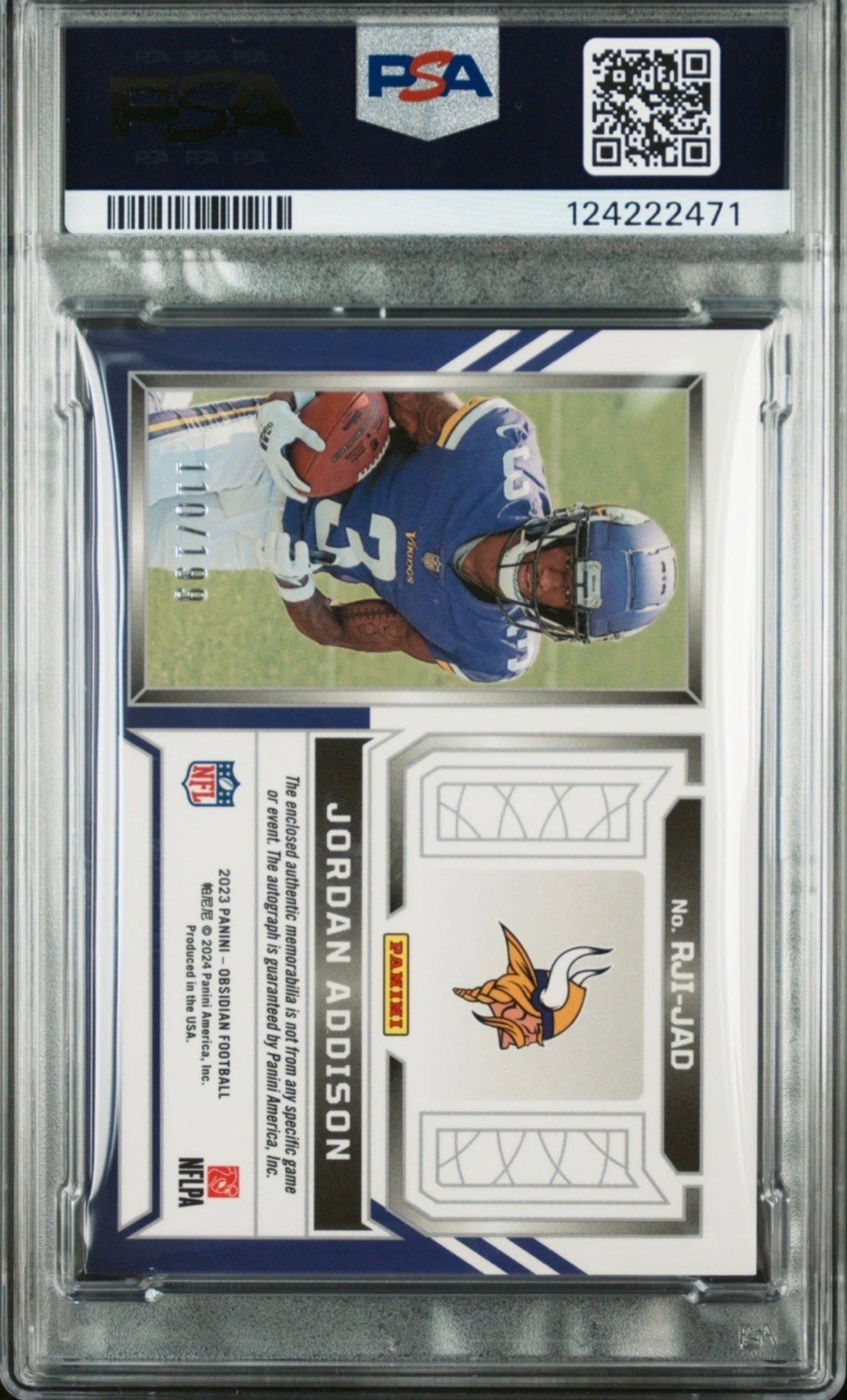2023 Obsidian Rookie Jersey Ink /199 Jordan Addison Auth Auto PSA 8 Pop 1! - 124222471