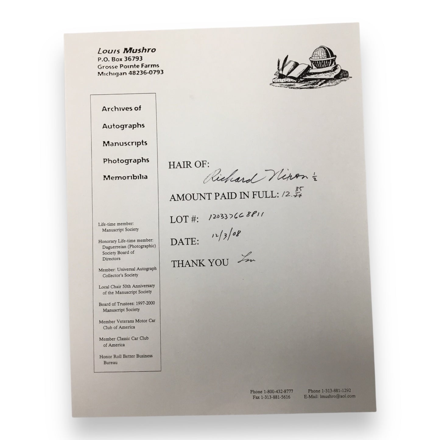 Richard Nixon Hair Clipping with COA