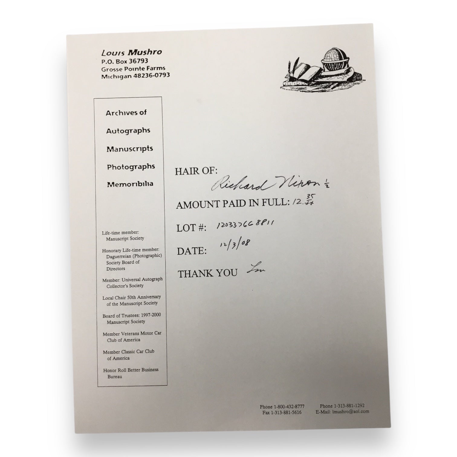 Richard Nixon Hair Clipping with COA