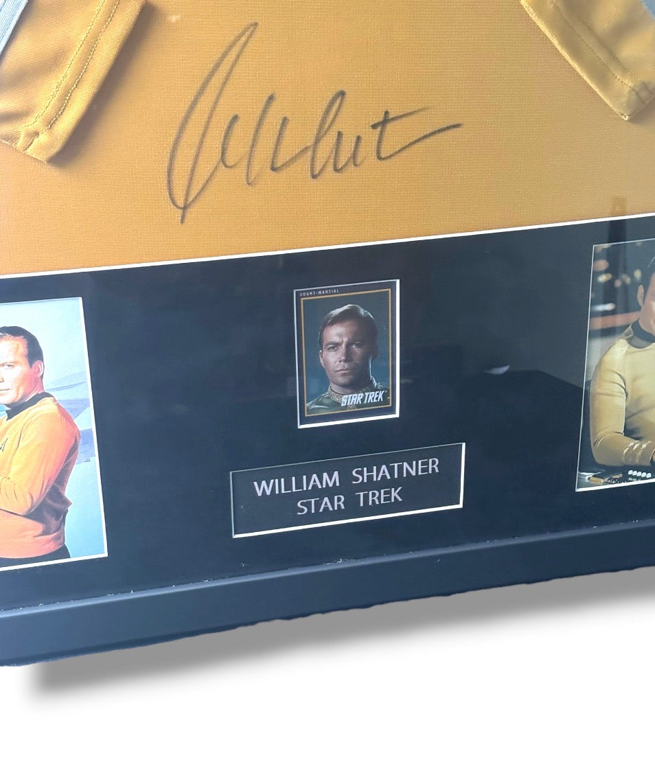 Framed Captain James T. Kirk Signed Uniform w/ JSA Cert & Court Martial Card