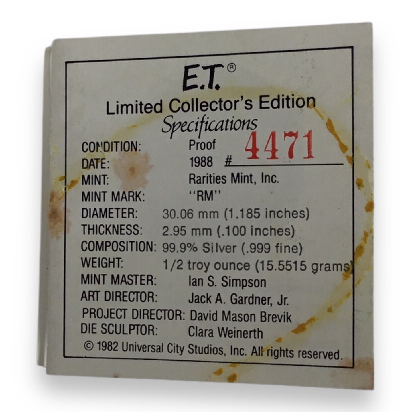 E.T The Extra-Terrestrial Limited Edition Collector Silver Coin Set 1982 with Case