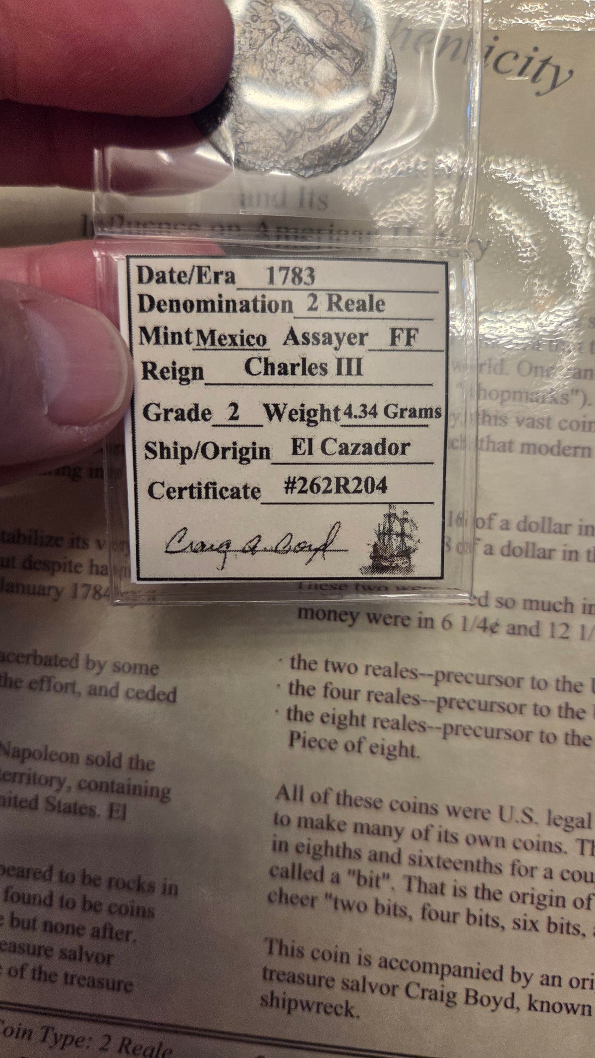 El Cazador Shipwreck Two Reale Coin from Reign of Charles III Mexico Mint Assayer FF c. 1783 4.34 grams silver. Milled Bust 2 Reales Obverse and Reverse Design Certificate # 262R204 Has COA from Shipwreck Museum 