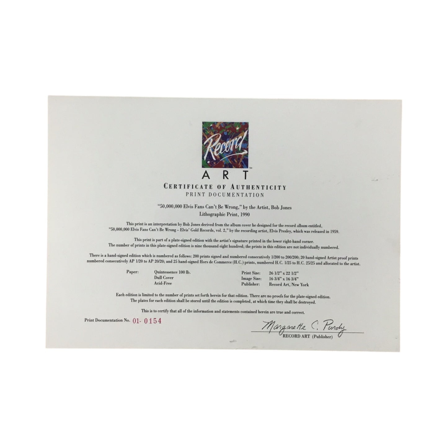 Elvis Presley “50,000,000 Elvis Fans Can’t Be Wrong” 1990 Lithograph by Bob Jones (Plate Signed, COA, Sealed)
