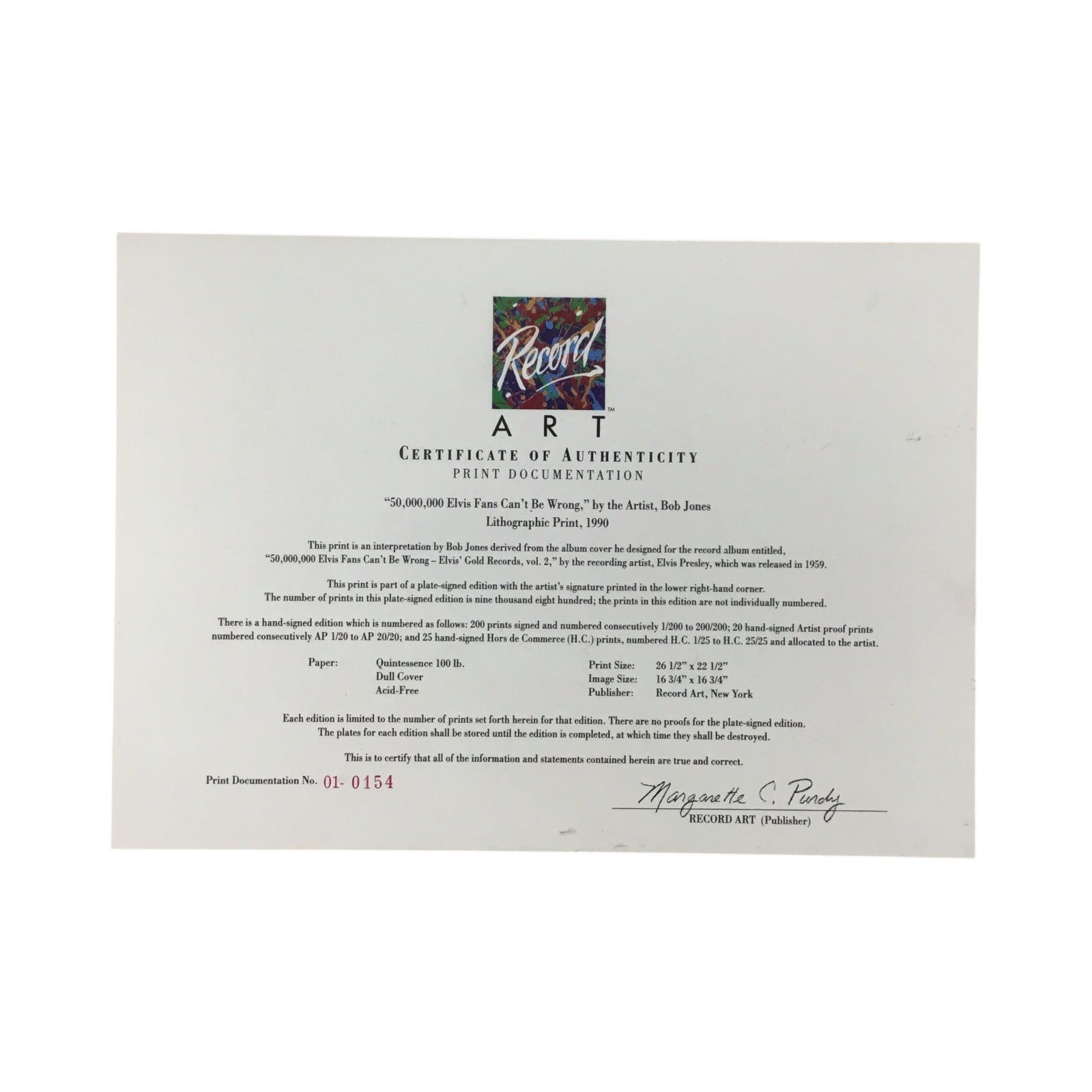 Elvis Presley “50,000,000 Elvis Fans Can’t Be Wrong” 1990 Lithograph by Bob Jones (Plate Signed, COA, Sealed)
