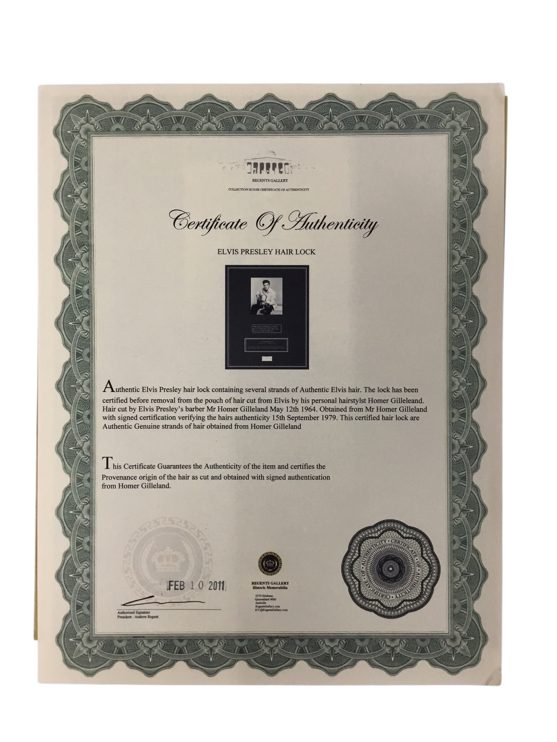 Elvis Presley Display Hair Lock with Certificate of Authenticity