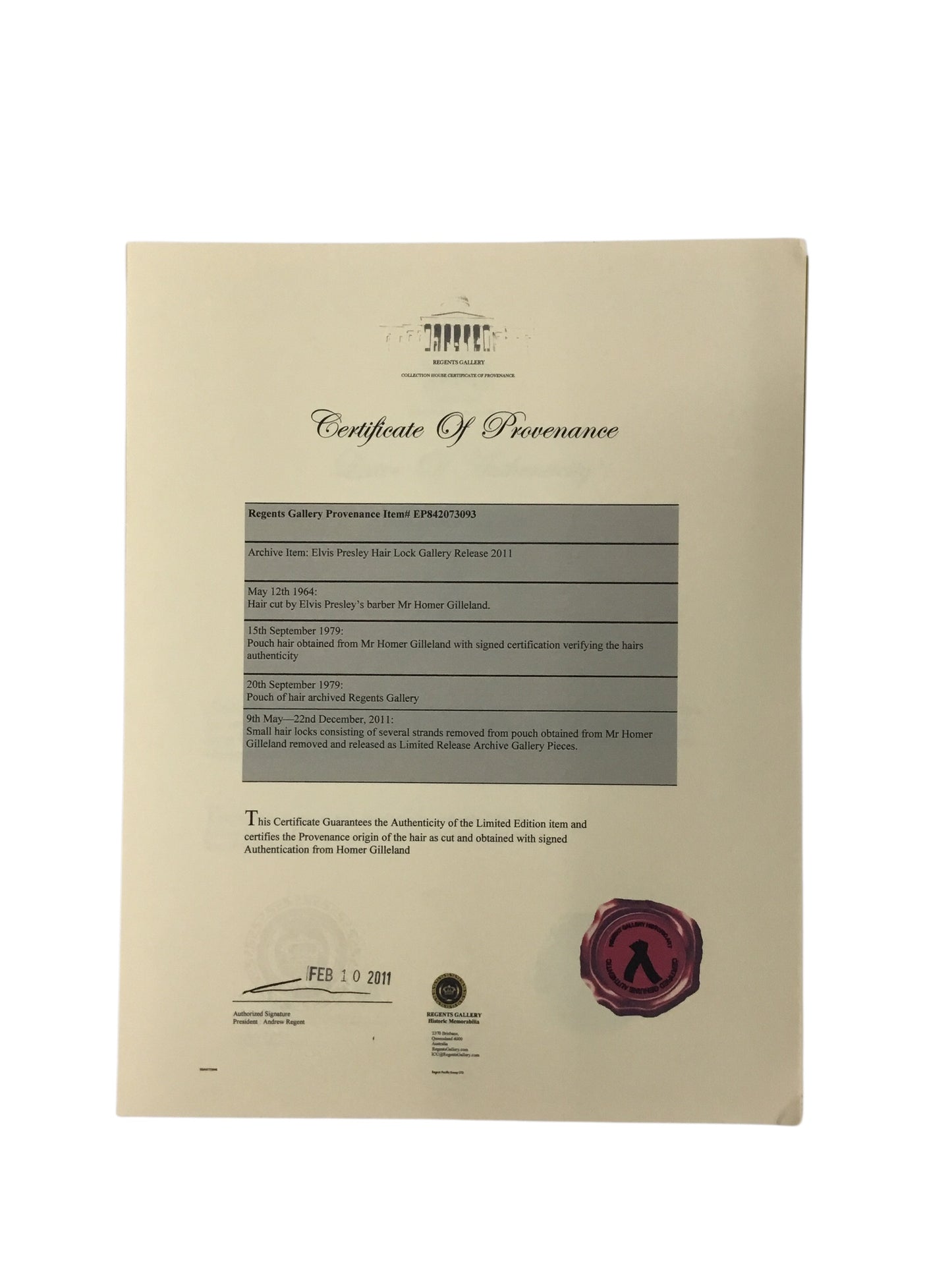 Elvis Presley Display Hair Lock with Certificate of Authenticity