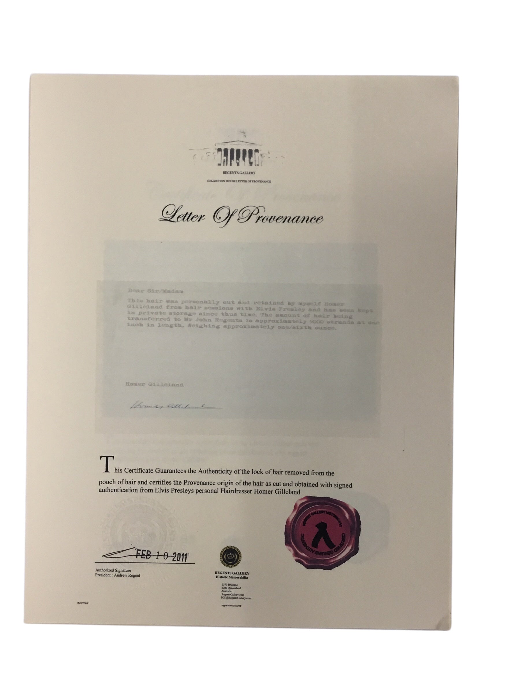 Elvis Presley Display Hair Lock with Certificate of Authenticity