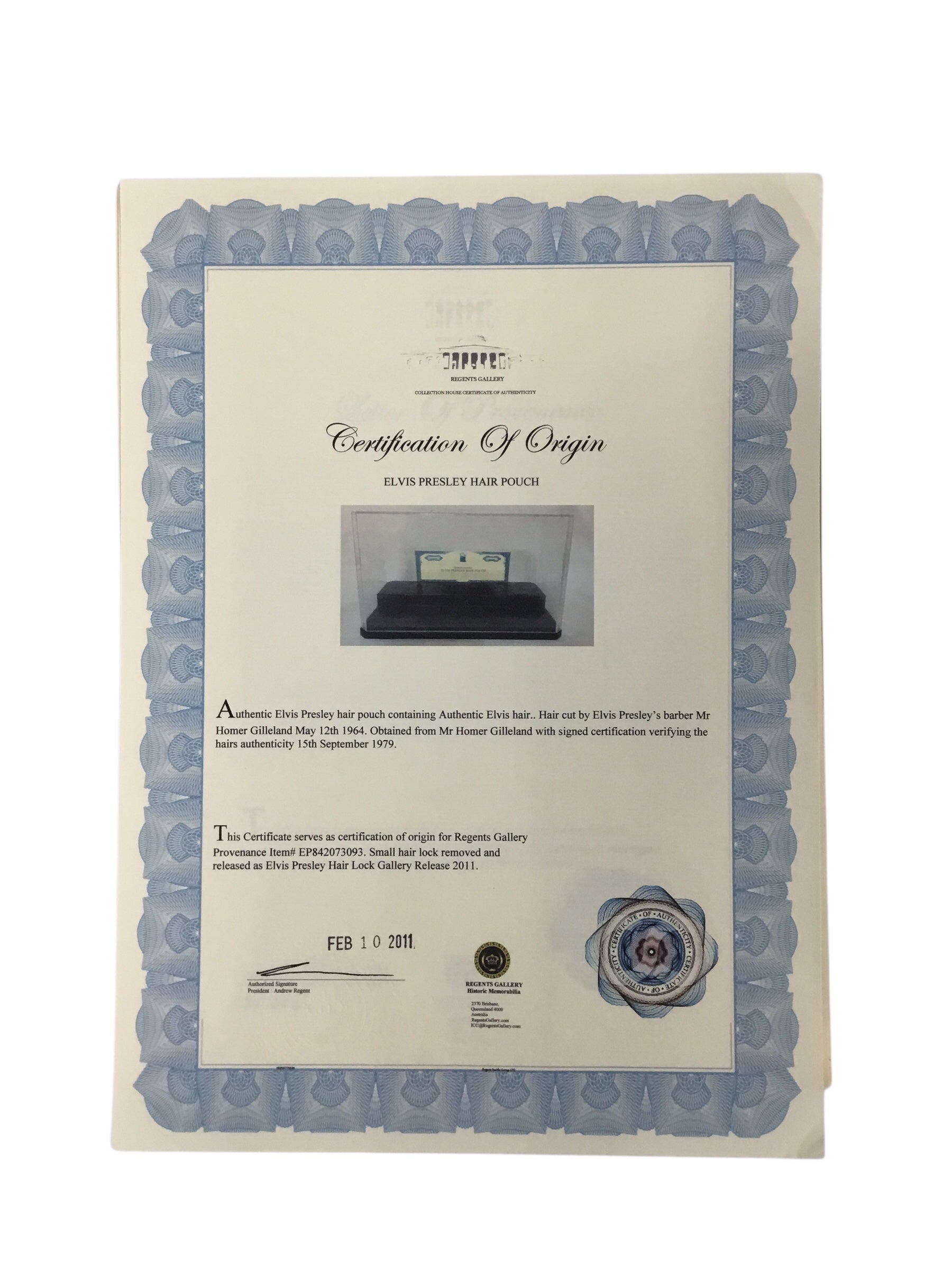 Elvis Presley Display Hair Lock with Certificate of Authenticity