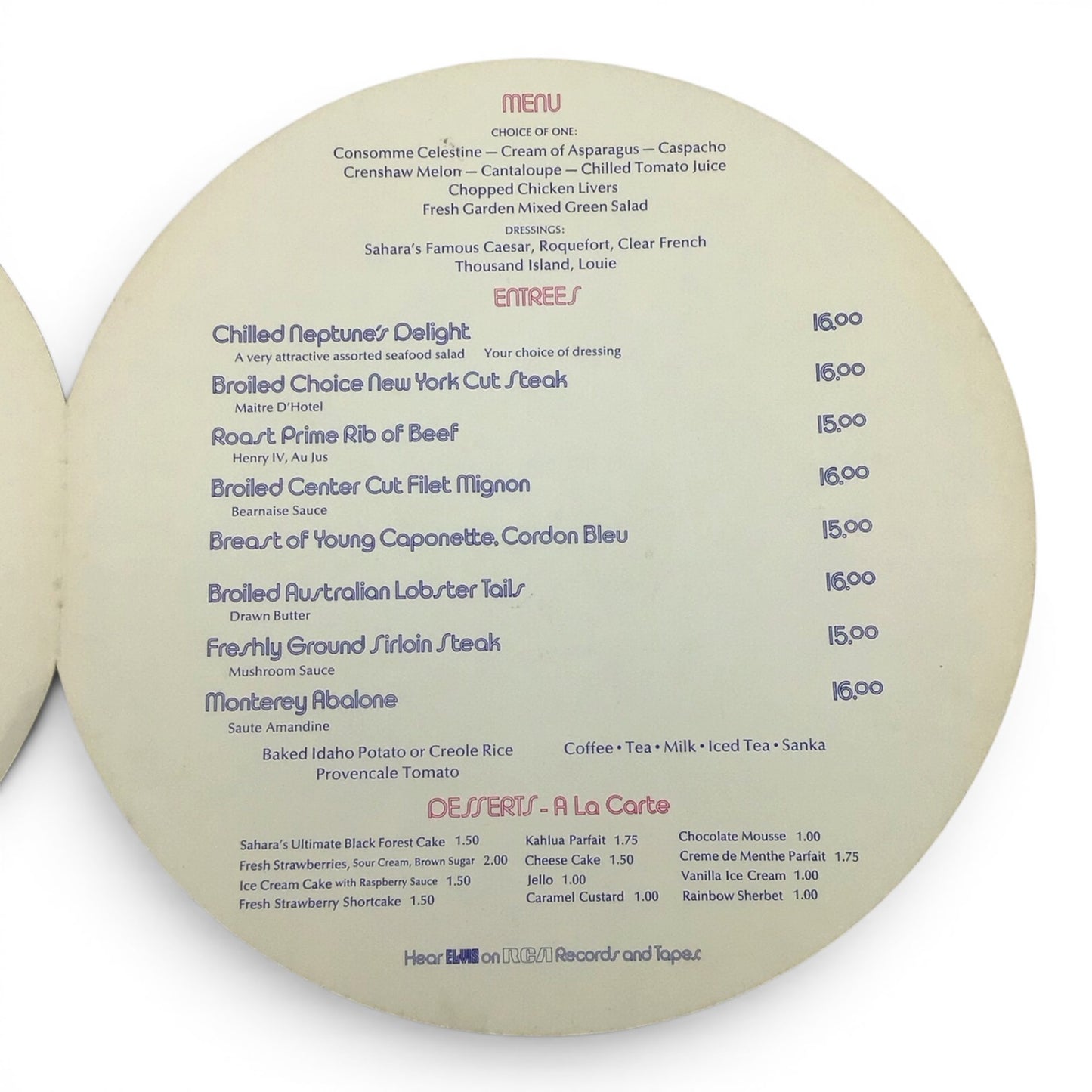 Elvis Presley May 4 thru 20 Sahara Tahoe ORIGINAL Menu 1973