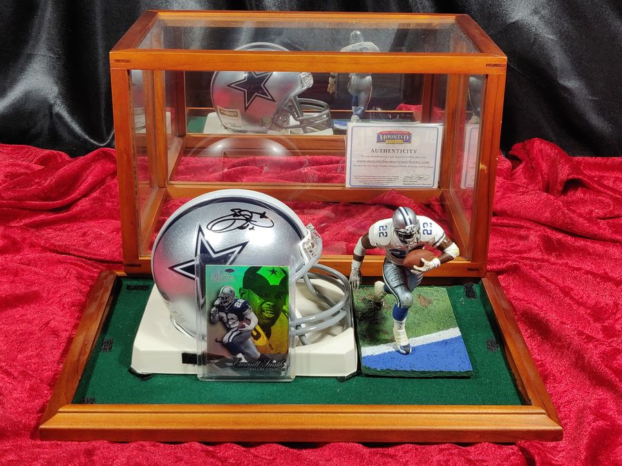 Emmitt Smith Cowboys Autographed Mini Helmet Shadowbox w/ Card and Figure