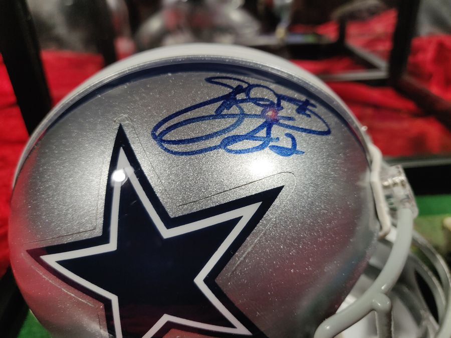 Emmitt Smith Cowboys Autographed Mini Helmet Shadowbox w/ Jersey Card + Figure
