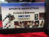 Emmitt Smith Cowboys Autographed Mini Helmet Shadowbox w/ Jersey Card and Figure