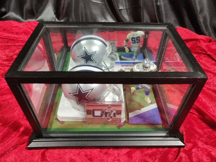 Emmitt Smith Cowboys Autographed Mini Helmet Shadowbox w/ Jersey Card and Figure