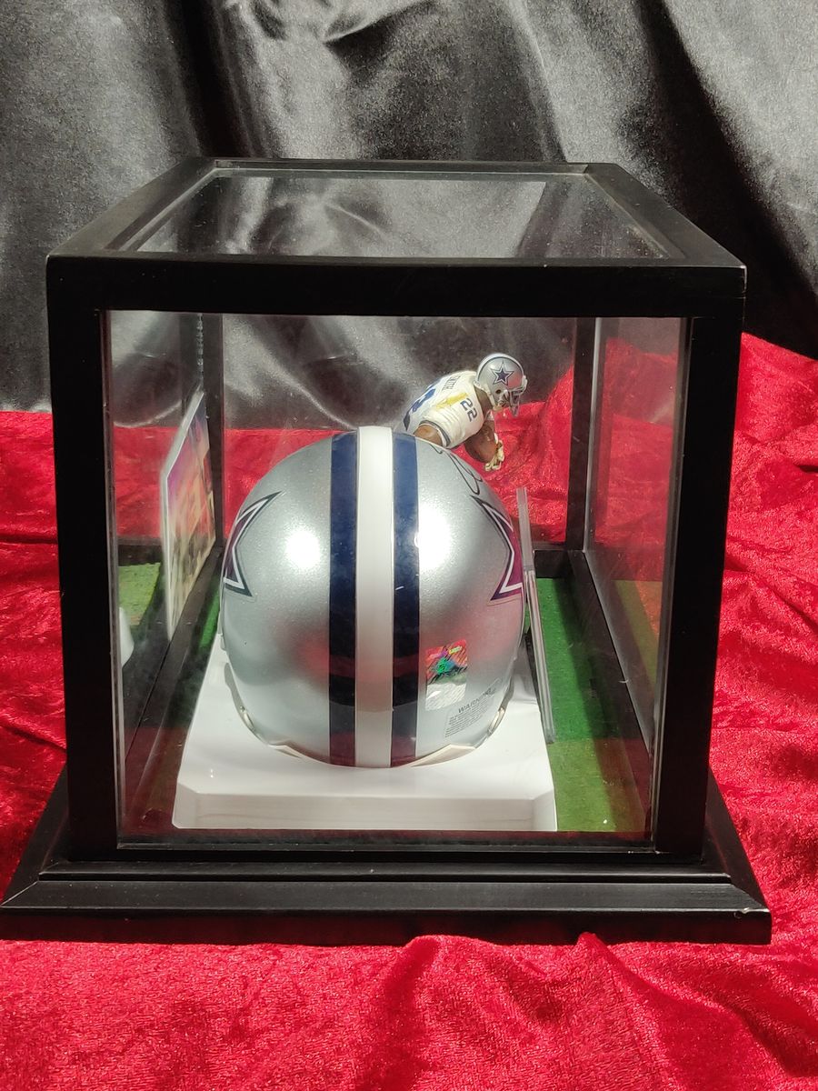 Emmitt Smith Cowboys Autographed Mini Helmet Shadowbox w/ Jersey Card and Figure