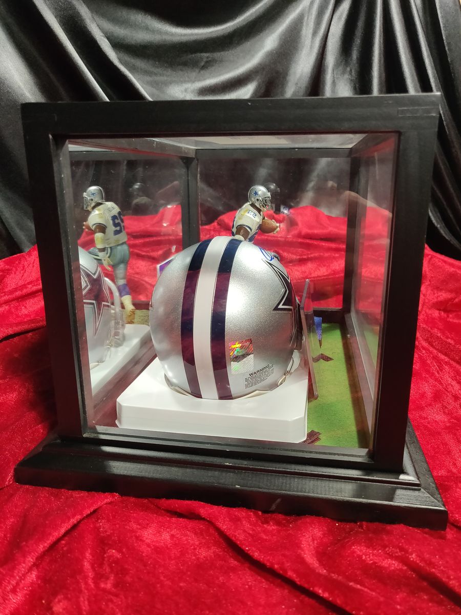 Emmitt Smith Cowboys Autographed Mini Helmet Shadowbox w/ Jersey Card and Figure