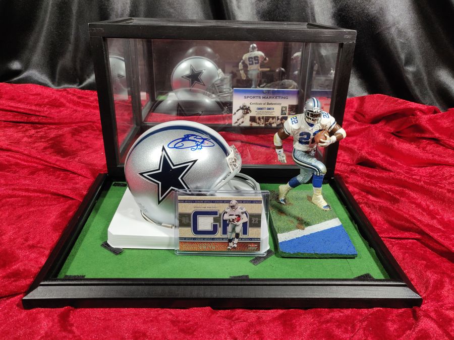 Emmitt Smith Cowboys Autographed Mini Helmet Shadowbox w/ Jersey Card and Figure