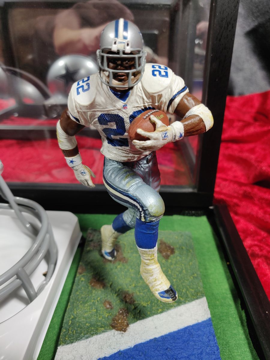 Emmitt Smith Cowboys Autographed Mini Helmet Shadowbox w/ Jersey Card and Figure