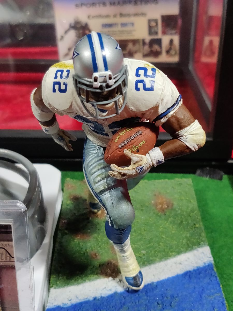Emmitt Smith Cowboys Autographed Mini Helmet Shadowbox w/ Jersey Card and Figure