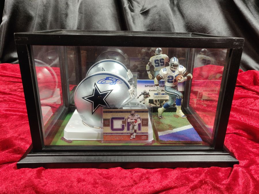 Emmitt Smith Cowboys Autographed Mini Helmet Shadowbox w/ Jersey Card and Figure