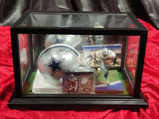 Emmitt Smith Cowboys Autographed Mini Helmet Shadowbox w/ Jersey Card and Figure