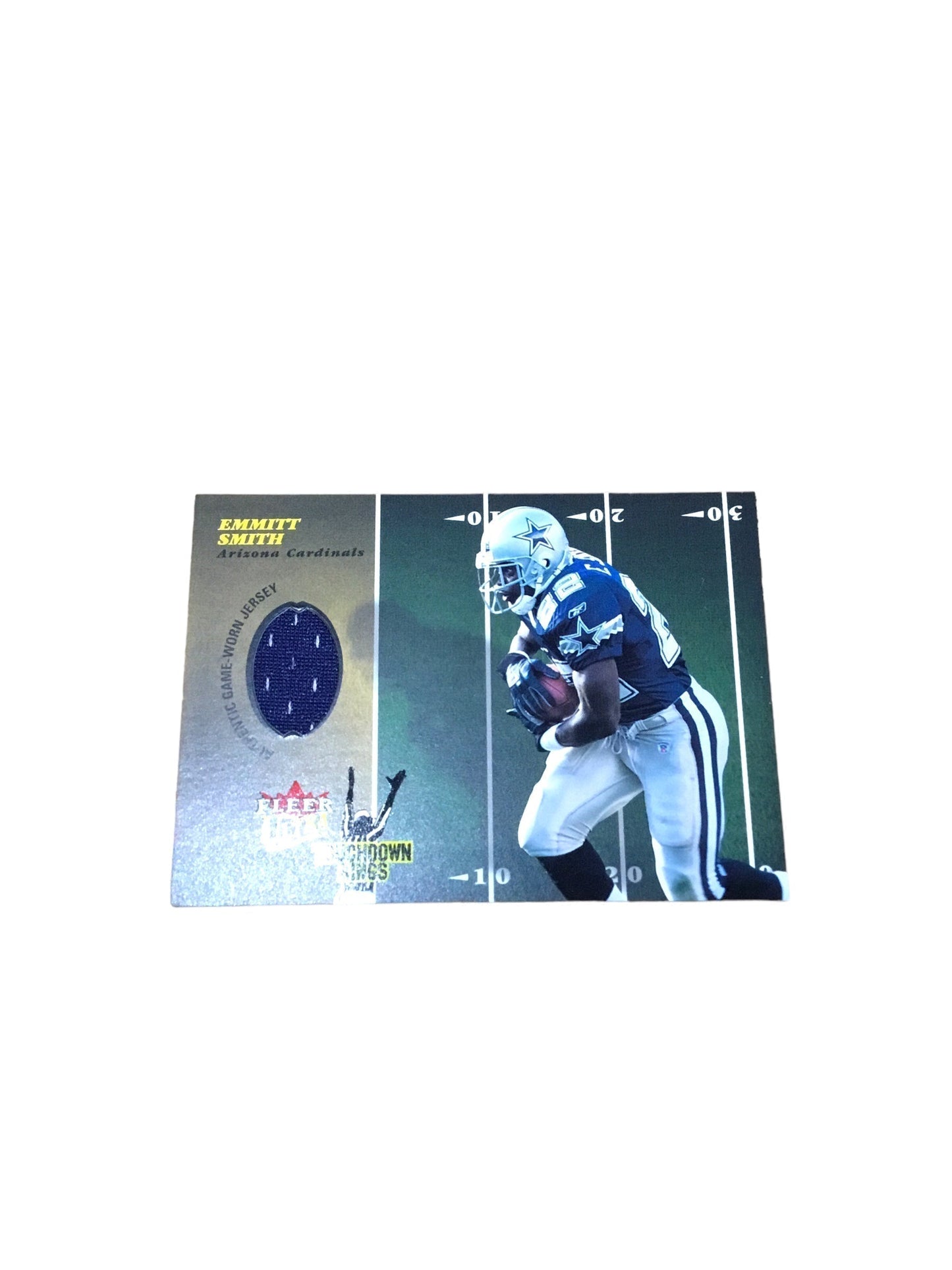 Emmitt Smith Dallas Cowboys Certified Authentic Autographed Mini-helmet with a collectible 2003 fleer Ultra game worn jersey card and action figure in a Shadowbox display case. Certified by