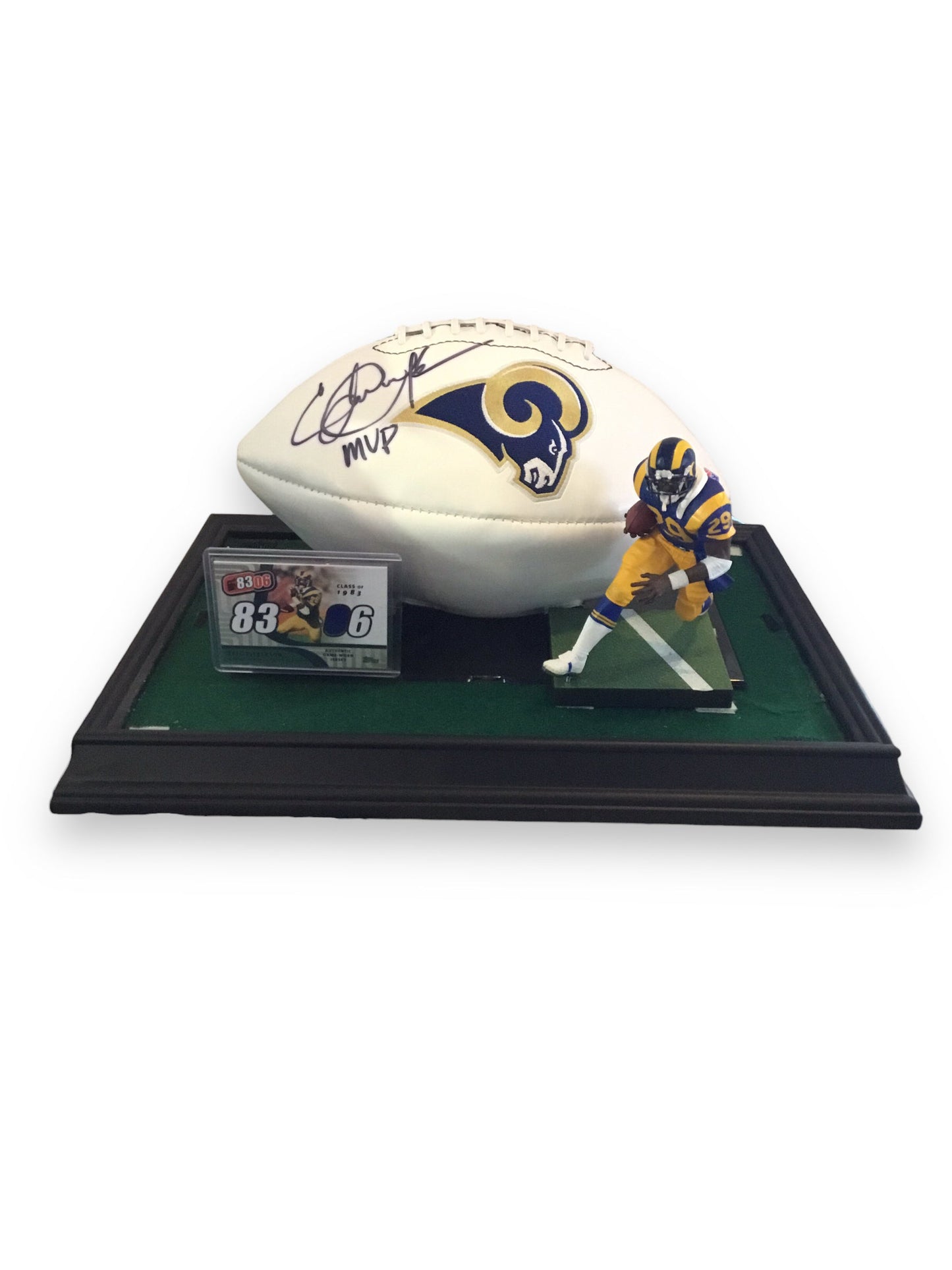 Eric Dickerson Autographed Football Shadowbox with Jersey Card and Figure