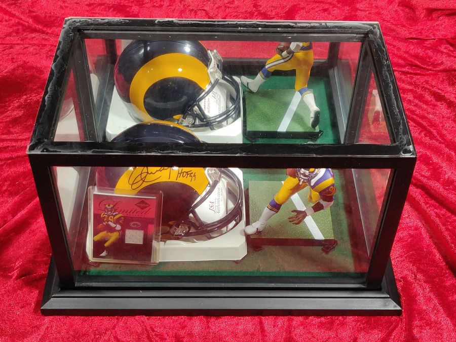 Eric Dickerson Autographed Mini Helmet Shadowbox Rams w/ Jersey Card + Figure