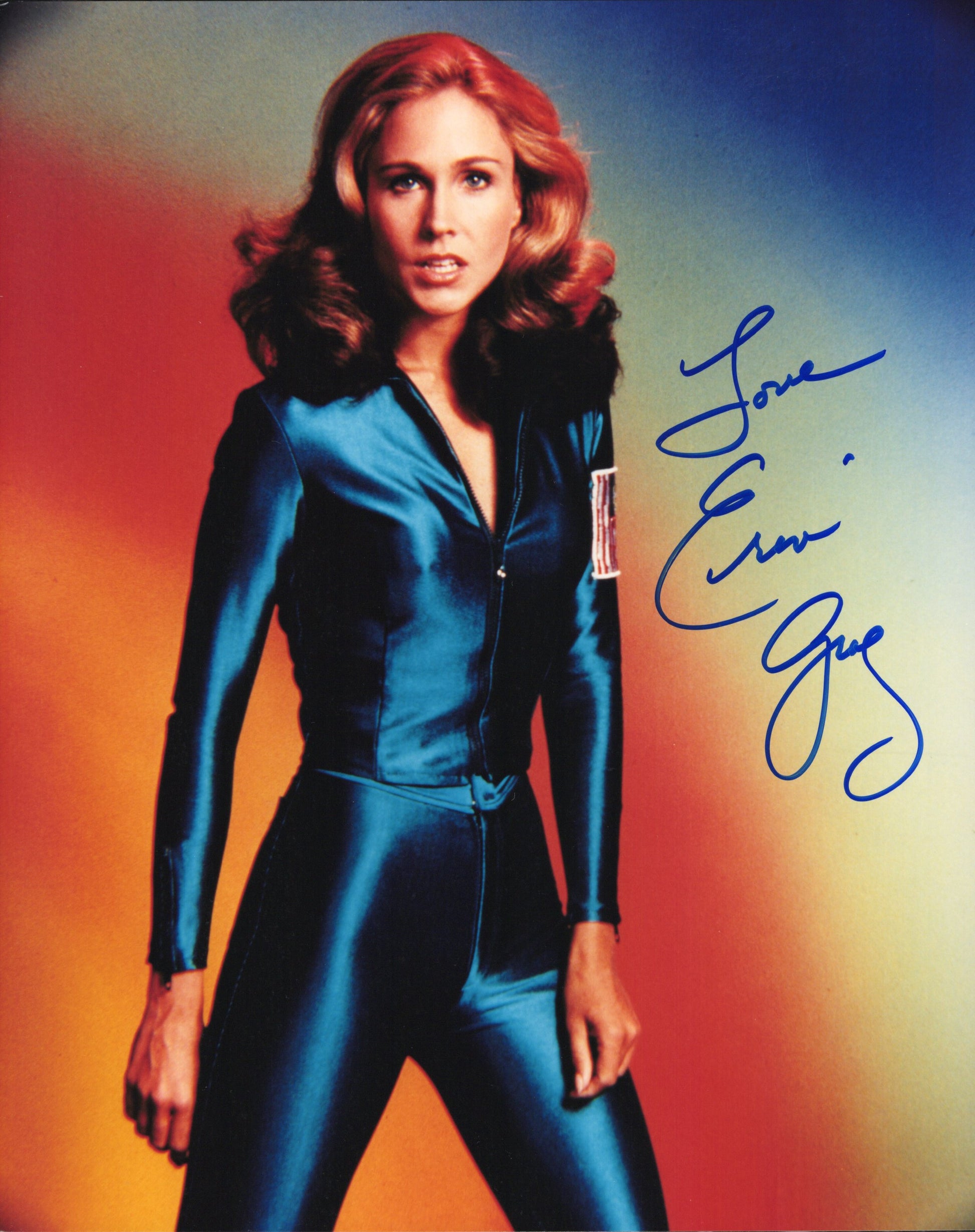 Erin Gray Signed Photo 8x10 Personalized "Love", Erin Gray Autograph as Colonel Wilma Deering in Buck Rogers in the 25th Century in Sexy Blue Uniform, PSA Letter Certified Authentic