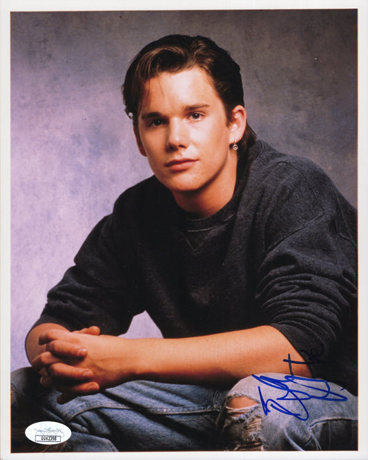 Ethan Hawke Signed Photo 8x10, Ethan Hawke Autograph, Very Rare Early Photo of Young Ethan Hawke in Sweater and Jeans with Peace Earring, JSA and PSA Letter Double Certified Authentic UU42398